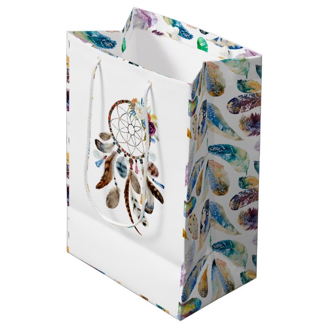 Tribal Federn & Blume Träumer Mittlere Geschenktüte (Vorderseite Schrägansicht)