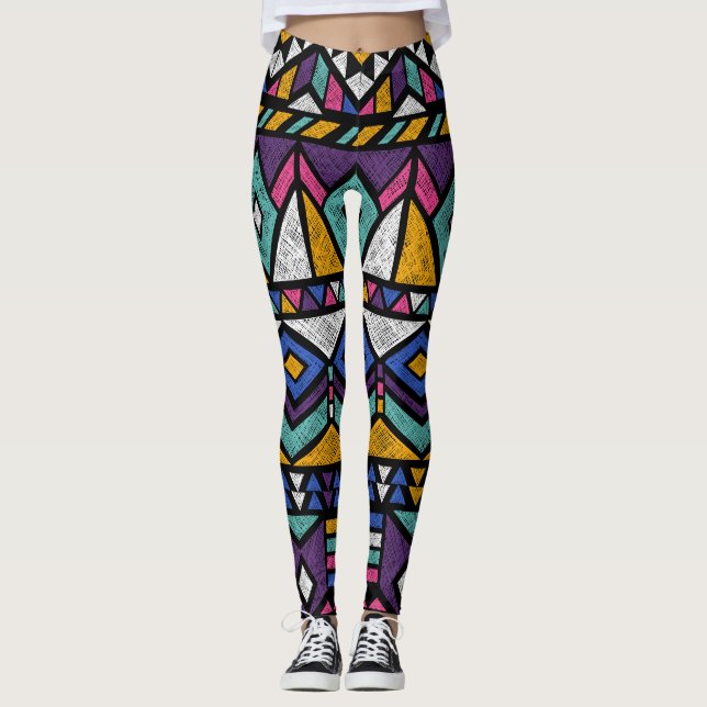 Tribal Geometric Aztec: Farbiges Vintages Muster Leggings (Vorderseite)
