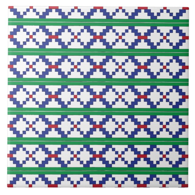 Tribal Green, blau, rot, ethnische Volkskunst Fliese (Vorderseite)