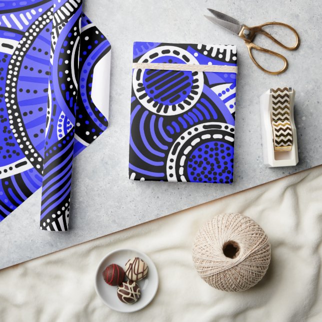 Tribal Inspiriert Muster | Blau, Schwarz, Weiß Geschenkpapier (Kunsthandwerk)