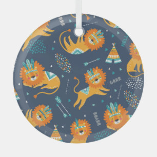 Tribal Lions Cartoon Nahtloses Muster Ornament Aus Glas