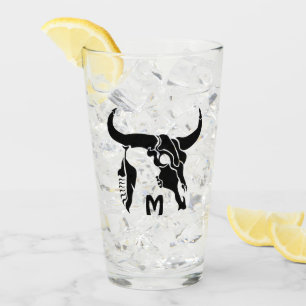 Tribal Longhorn Bull Skull mit schwarzer Feder Glas