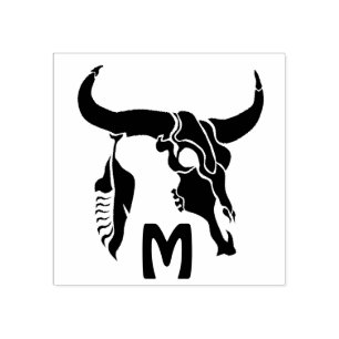 Tribal Longhorn Bull Skull mit schwarzer Feder Gummistempel