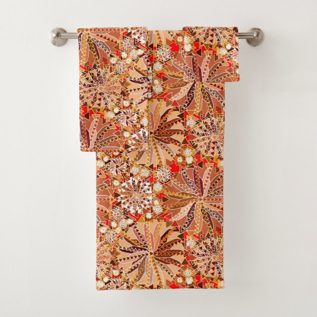 Tribal Mandala Print, Brown, Beige und Red Badhandtuch Set (Insitu)