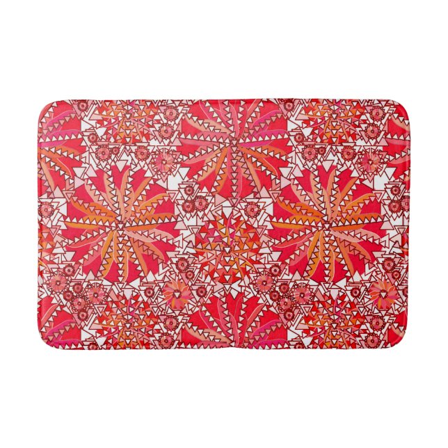 Tribal Mandala Print, Korallenrot und Weiß Badematte (Vorderseite)