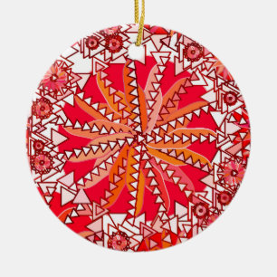 Tribal Mandala Print, Korallenrot und Weiß Keramik Ornament
