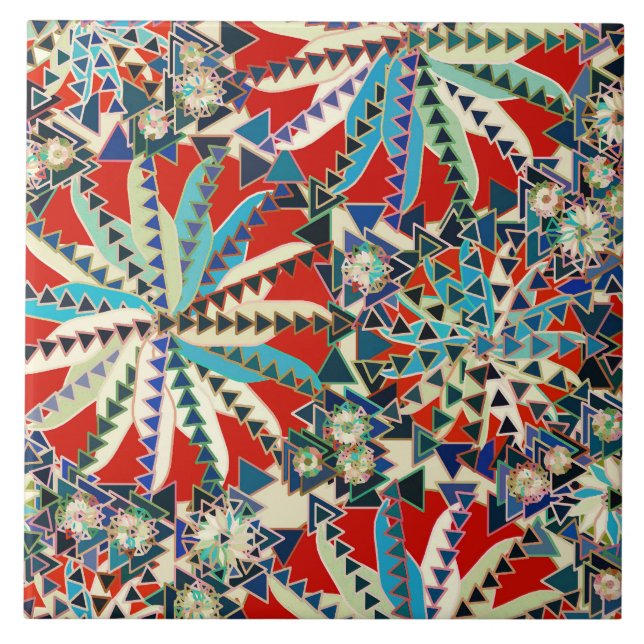 Tribal Mandala Print, Rot, Blau und Creme Fliese (Vorderseite)