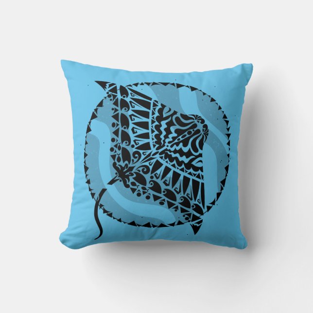 Tribal Manta Ray Blue Throw Pillow Kissen (Vorderseite)