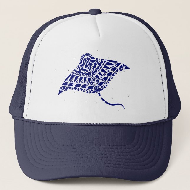 Tribal Manta Ray Cool Blue White Truckerkappe (Vorderseite)