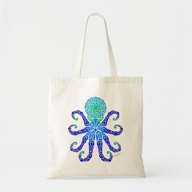 Tribal Octopus Blues/Grüntöne Totbeutel Tragetasche (Vorne)