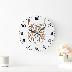 Tribal Owl Line Kunst Modernes Braun Abstrakt Große Wanduhr