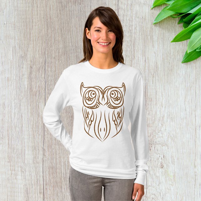 Tribal Owl Line Kunst Modernes Braun Abstrakt T-Shirt (Von Creator hochgeladen)