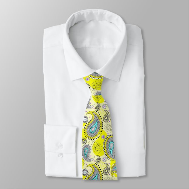 Tribal Paisley Pattern Lemon Yellow Turquoise Krawatte (Gebunden)