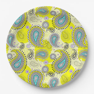 Tribal Paisley Pattern Lemon Yellow Turquoise Pappteller