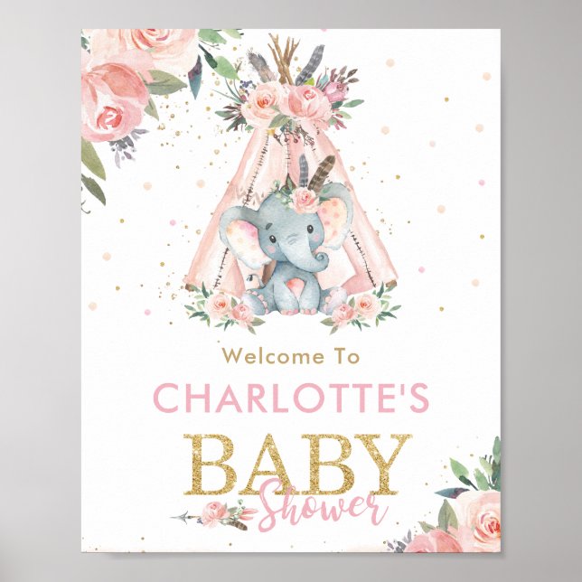 Tribal Pink Floral Elephant Baby Dusche Willkommen Poster (Vorne)