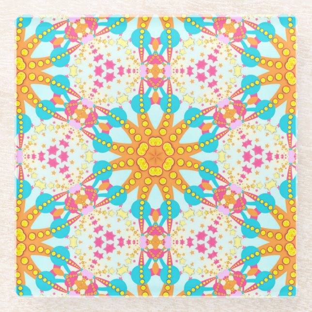Tribal Sunshine Aqua Pink Goldenes Muster Glasuntersetzer (Vorderseite)