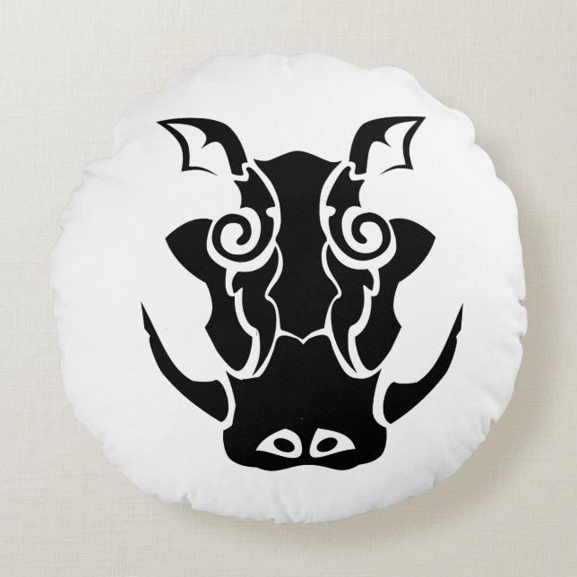 Tribal Tattoo Style Boar Head Rundes Kissen (Vorderseite)