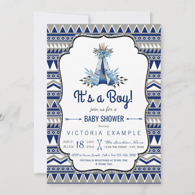 Tribal Teepee Blue Gray Boys Boho Baby Shower Einladung (Vorderseite)