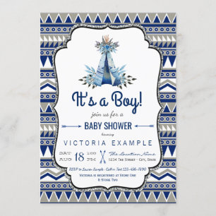 Tribal Teepee Blue Gray Boys Boho Baby Shower Einladung