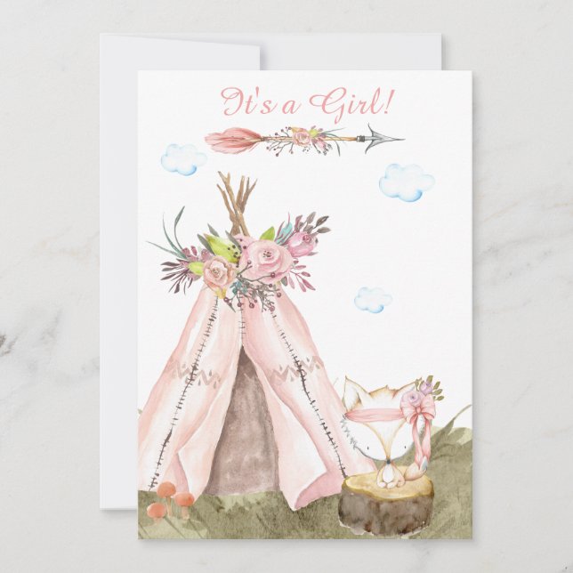 *~* Tribal Teepee . Boho Woodland Forest Girl Fox Einladung (Vorderseite)