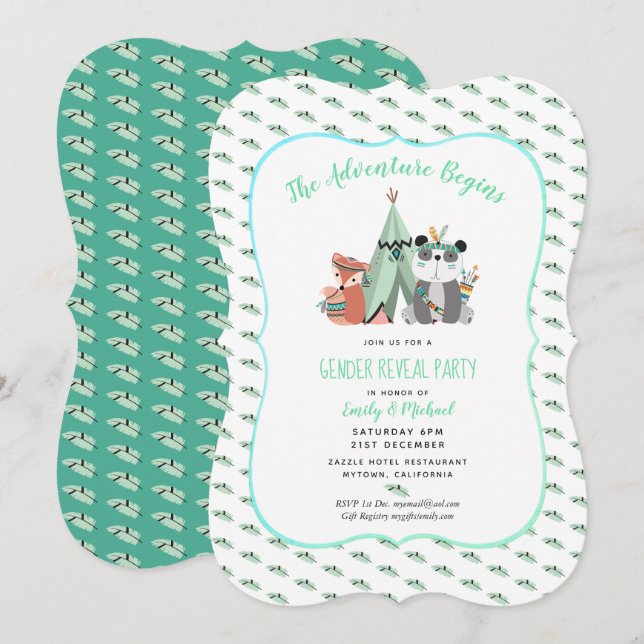 Tribal TeePee Gender Reveal Boy Mint Einladung (Vorne/Hinten)