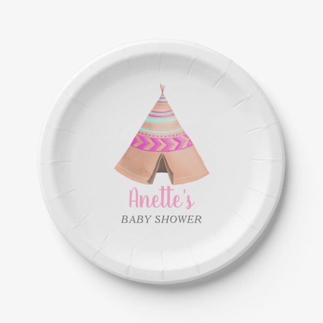 Tribal Teepee Pink Baby Dusche Pappteller (Vorderseite)