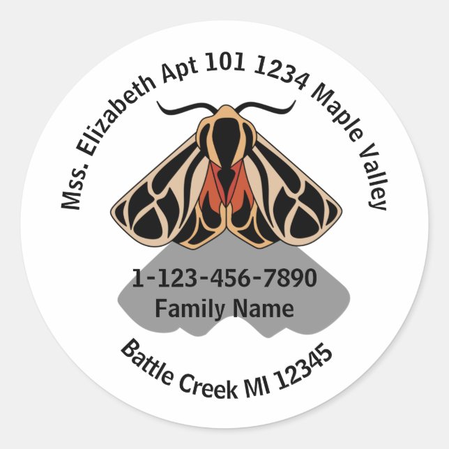 Tribal Tiger Moth Zuhause-Adresse und Telefon Runder Aufkleber (Vorderseite)