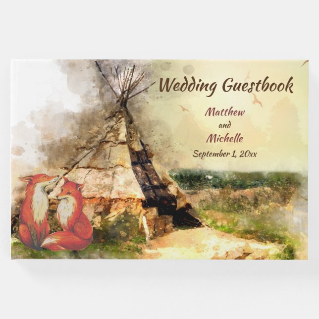 Tribal Tipi und Füchse in Liebe Boho Teepee Weddin Gästebuch (Vorderseite)