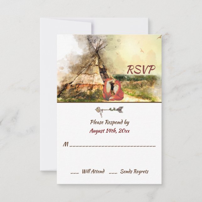 Tribal Tipi und Füchse in Liebe Boho Teepee Weddin RSVP Karte (Vorderseite)