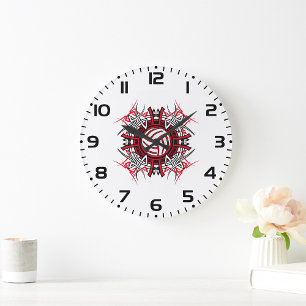 Tribal Volleyball Mandala Rot und Schwarze Sport Große Wanduhr