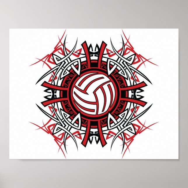 Tribal Volleyball Mandala Rot und Schwarze Sport Poster (Vorne)