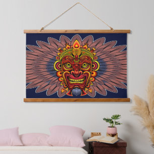 Tribal Warrior King Ritual Mask Wandteppich Mit Holzrahmen
