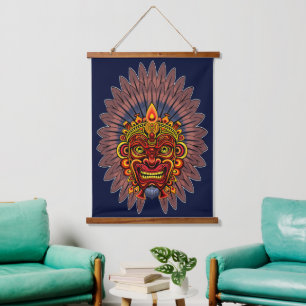 Tribal Warrior King Ritual Mask Wandteppich Mit Holzrahmen