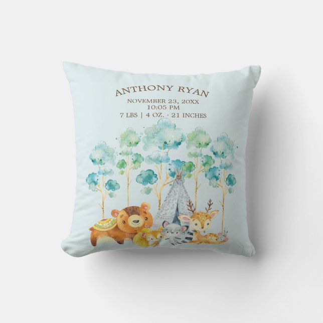Tribal Woodland Animals Baby Birth Stats Coussin (Recto)