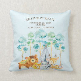 Tribal Woodland Animals Baby Birth Stats Coussin