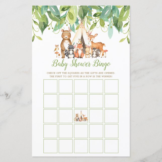 Tribal Woodland Animals Baby Dusche Bingo Spiel (Vorderseite)