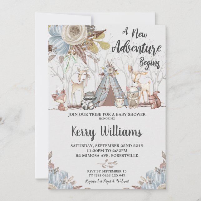 Tribal Woodland Animals Baby Shower Baby Boy Einladung (Vorderseite)