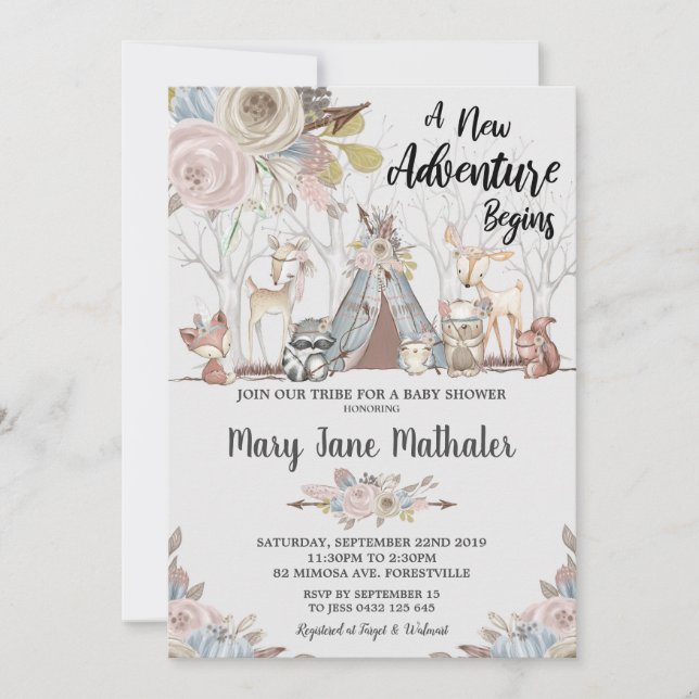 Tribal Woodland Animals Baby Shower Baby Girl Einladung (Vorderseite)