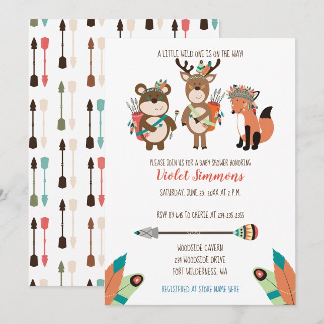 Tribal Woodland Animals Boho Baby Shower Einladung (Vorne/Hinten)