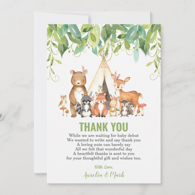 Tribal Woodland Animals Greenery Baby Shower Dankeskarte (Vorderseite)