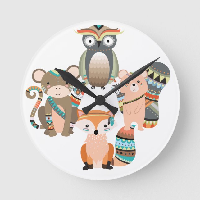Tribal Woodland Animals Illustration Runde Wanduhr (Vorderseite)