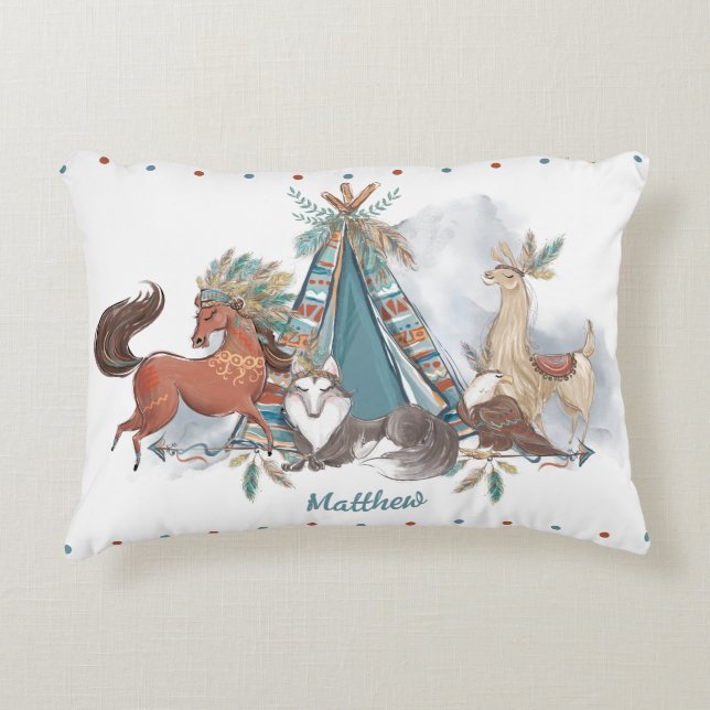 Tribal Woodland Animals Teepee Feathers Arrows Dekokissen (Vorderseite)
