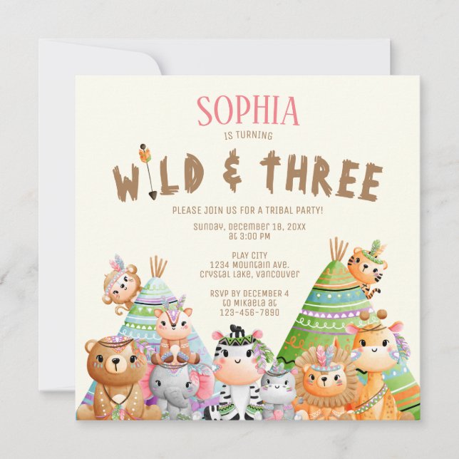 Tribal Woodland Animals Wild 3. Geburtstag Einladung (Vorderseite)