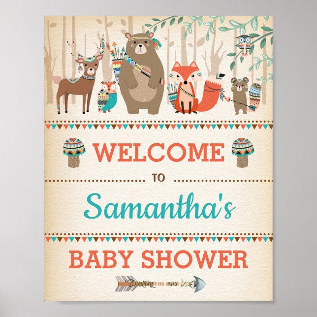 Tribal Woodland Baby Animals Wild One Willkommen Poster (Vorne)