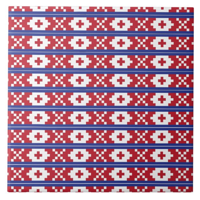 Tribale rote, blaue und weiße Volkskunst Fliese (Vorderseite)