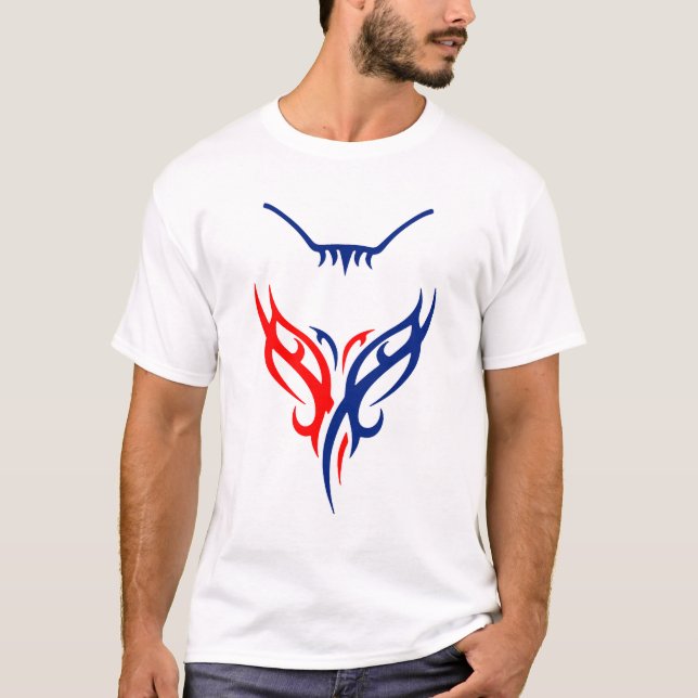 Tribales Katzendesign - Rotes und blaues abstrakte T-Shirt (Vorderseite)