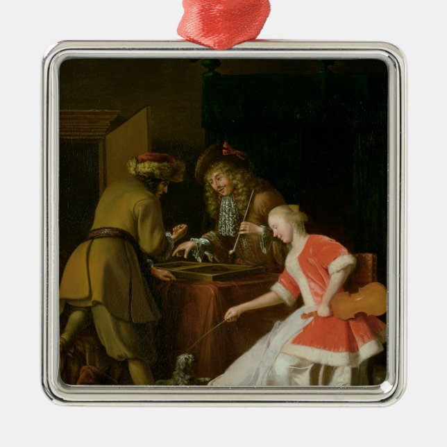 Tric-trac Spieler mit einer Dame und ihrem Hund Silbernes Ornament (Vorne)