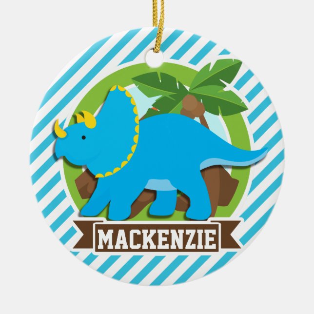 Triceratops Dinosaur; Sky Blue & White Streifen Keramikornament (Vorne)