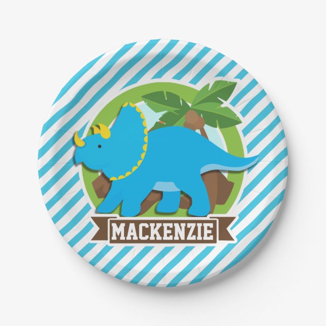 Triceratops Dinosaur; Sky Blue & White Streifen Pappteller (Vorderseite)