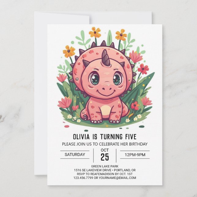 Triceratops Editable Dinosaur Girl Birthday Einladung (Vorderseite)